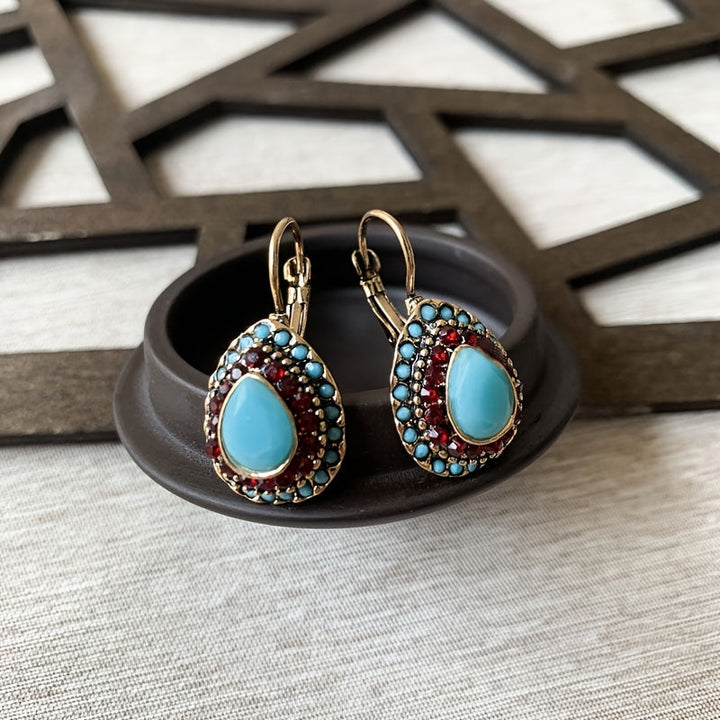 Vintage Turquoise Rhinestone Teardrop Resin Earrings