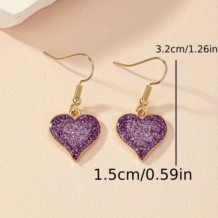 Elegant Purple Glitter Heart Dangle Earrings