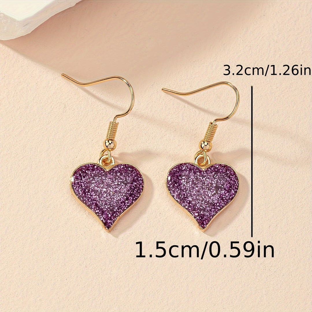 Elegant Purple Fine Glitter Drip Oil Heart Earrings