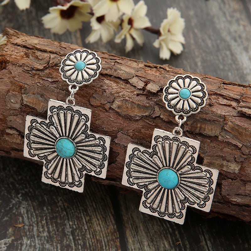 Retro Floral Design Turquoise Cross Carved Metal Earrings