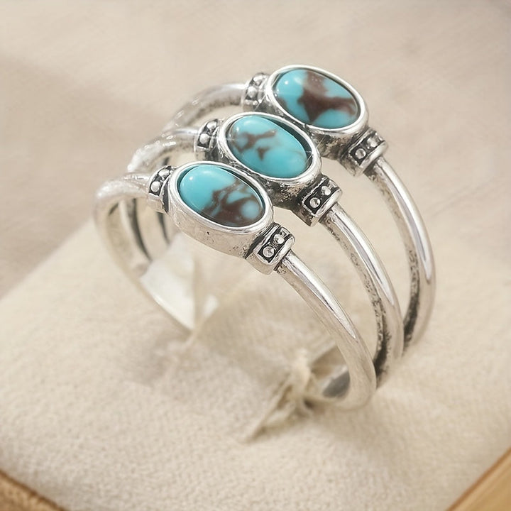 Vintage Boho Style Triple Turquoise Silver Ring