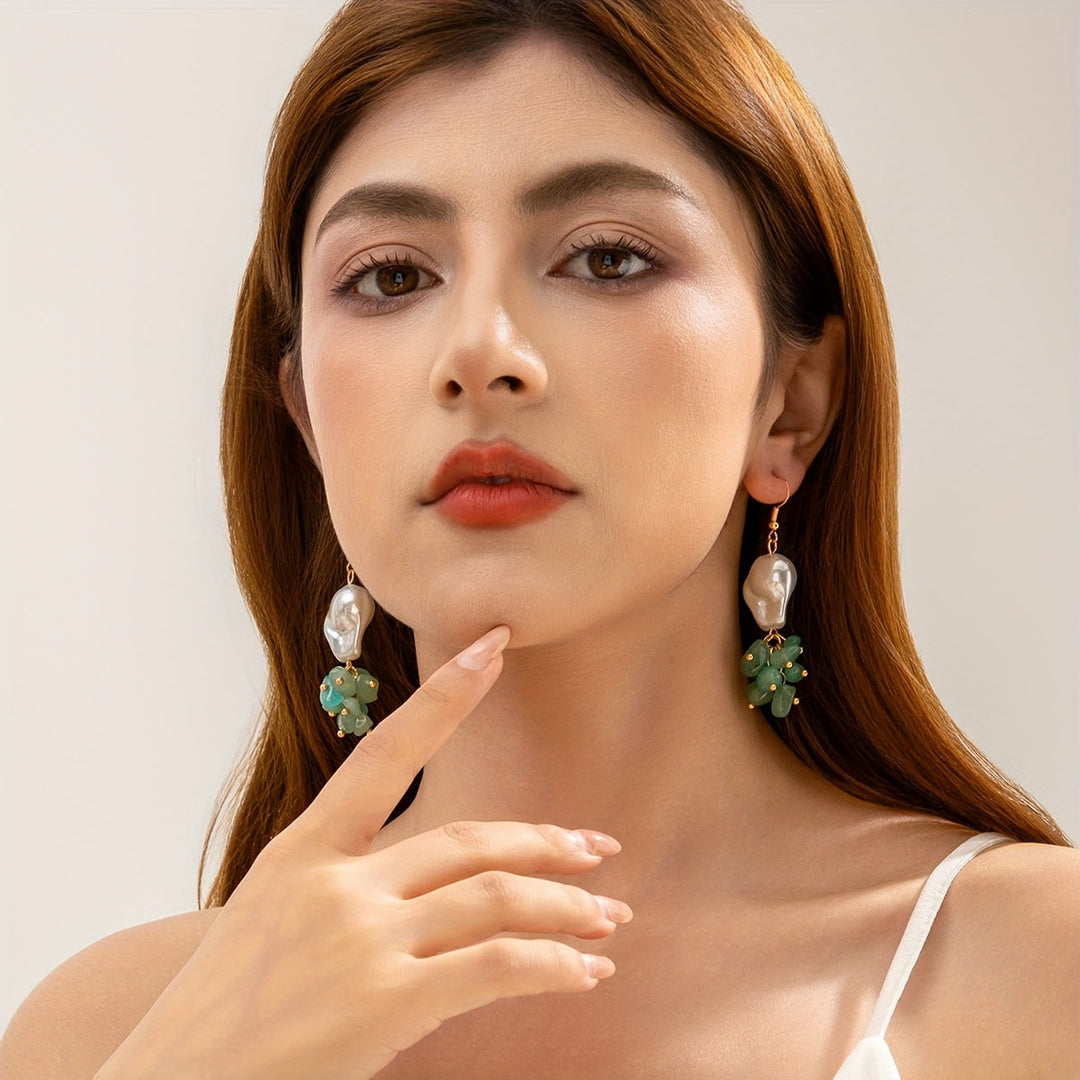 Bohemian Green Bead Drop Cluster Earrings