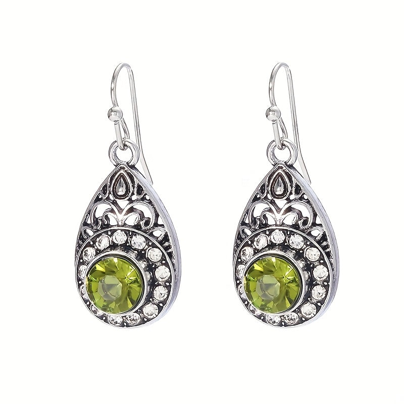 Retro Ethnic Style Water Droplet Green Zirconia Pendant Earrings