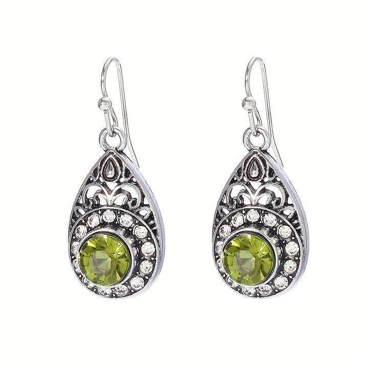 Retro Ethnic Style Water Droplet Green Zirconia Pendant Earrings