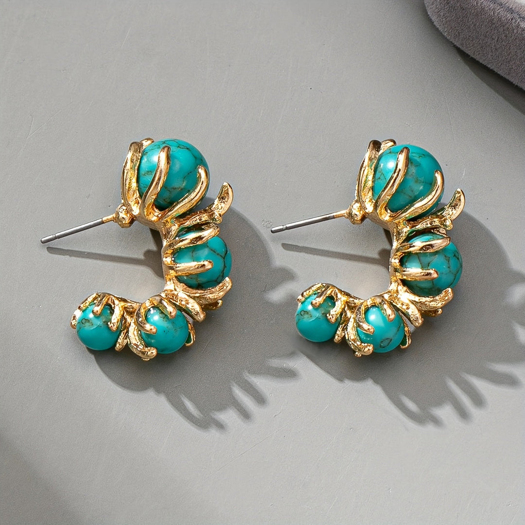 Classic Gold Turquoise Plated Triple Stone Dangle Earrings