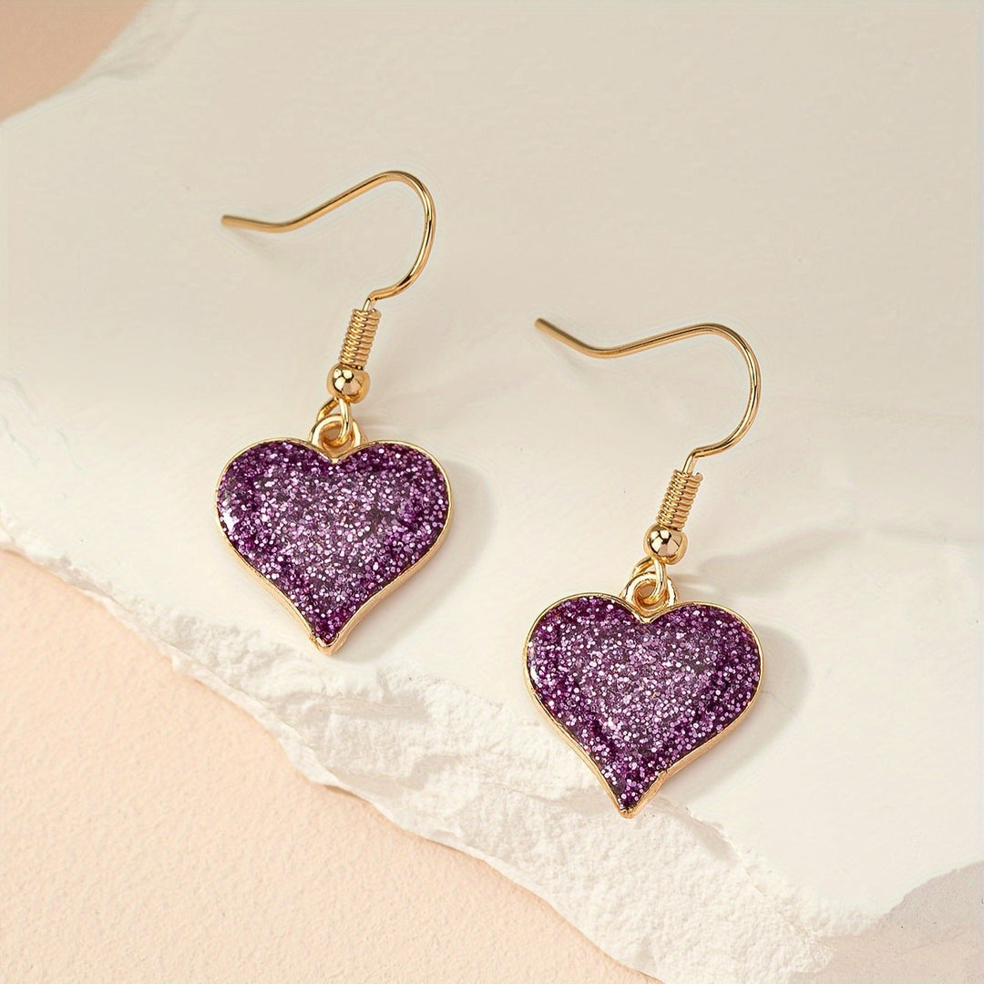 Elegant Purple Glitter Heart Dangle Earrings