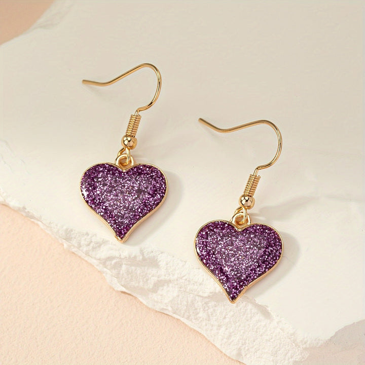 Elegant Purple Fine Glitter Drip Oil Heart Earrings