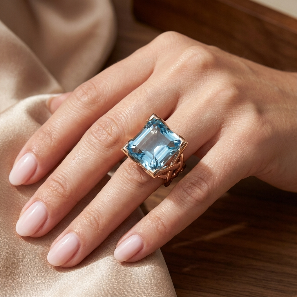 Vintage roségoudkleurige ring met blauwe zirkonia