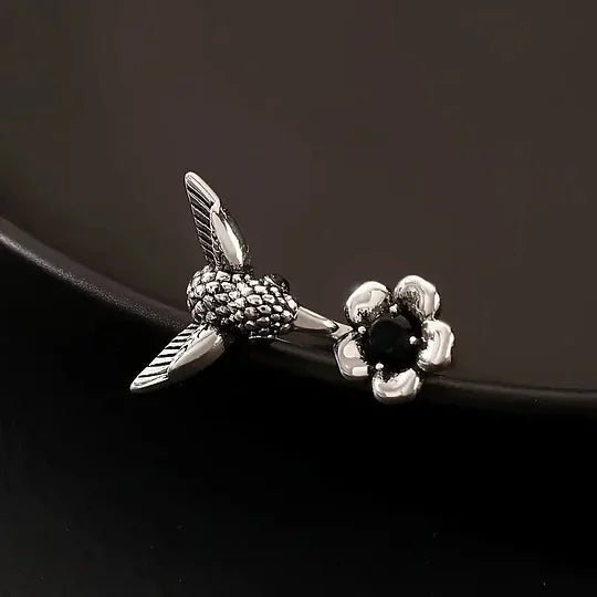 Vintage Adjustable Silver Plated Hummingbird & Flower Open Ring