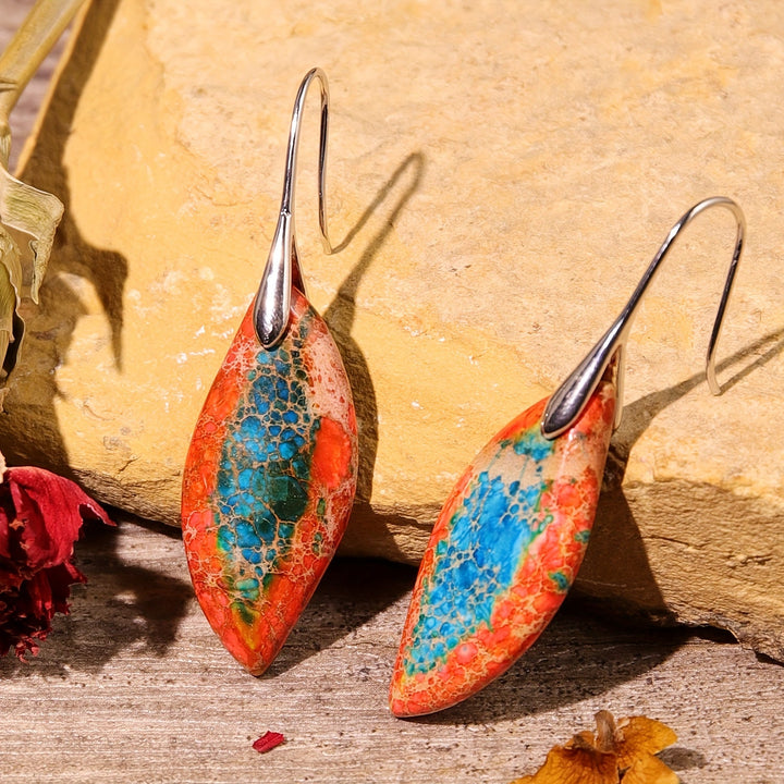 Vintage Bohemian Orange and Blue Natural Stone Leaf Earrings