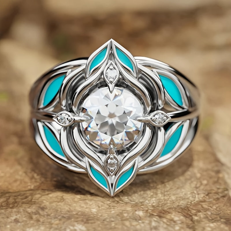 Elegante bohemien ring met turkooizen blad en zirkonia kristal