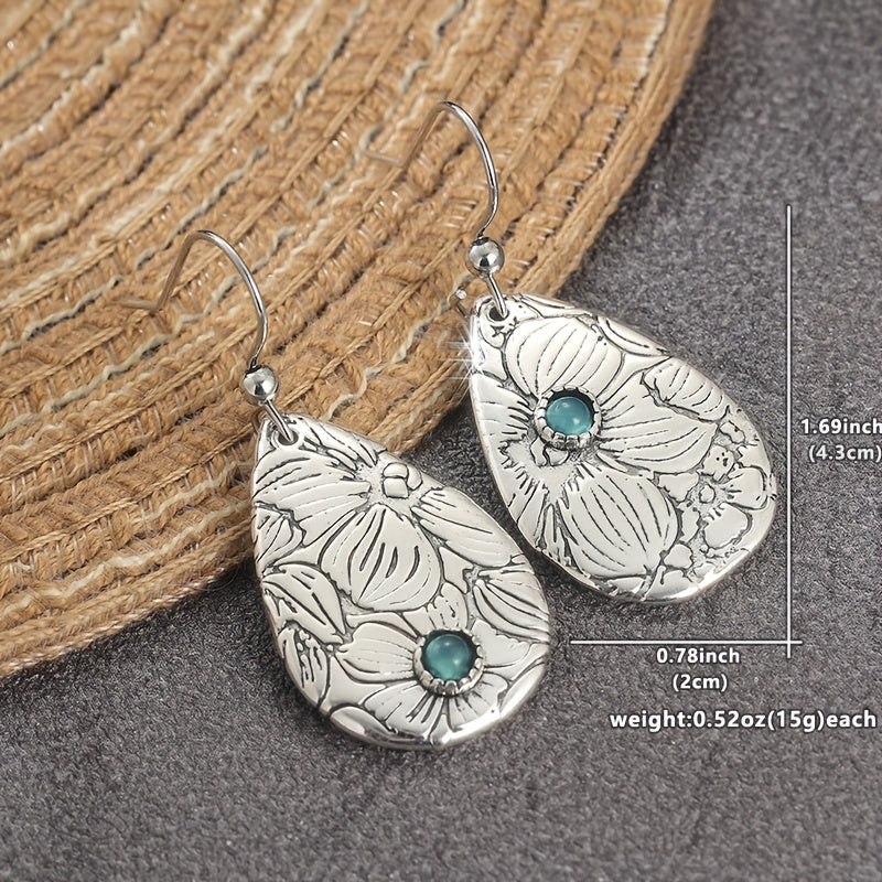 Retro Carved Flowers Drop Shape Turquoise Gemstone Hook Earrings