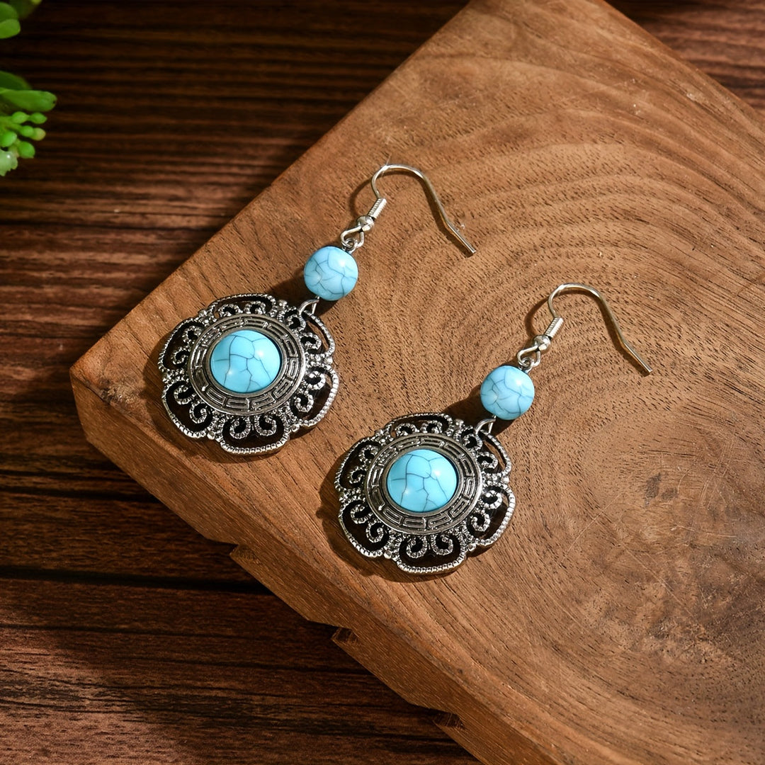Vintage Boho Faux Turquoise Flower Drop Earrings