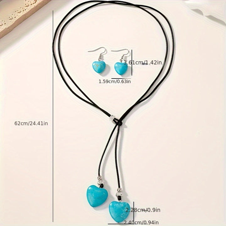Vintage Bohemian Style Turquoise Heart Necklace and Earring Set