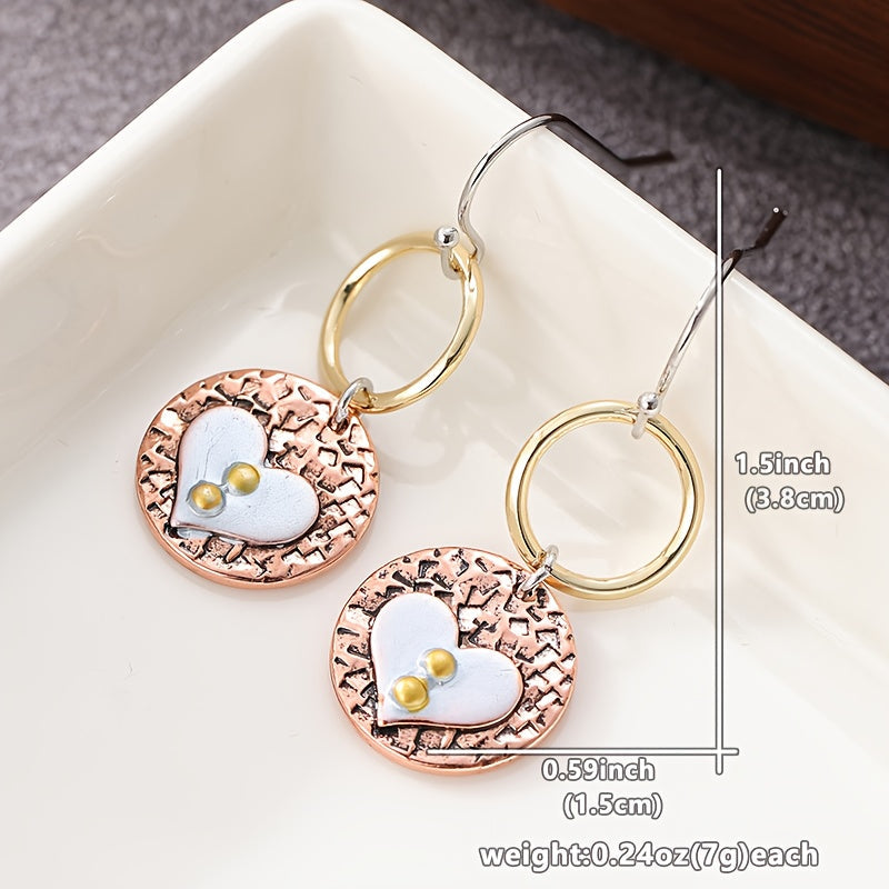 Rustic Textured Mixed Metal Circle Heart Dangle Earrings