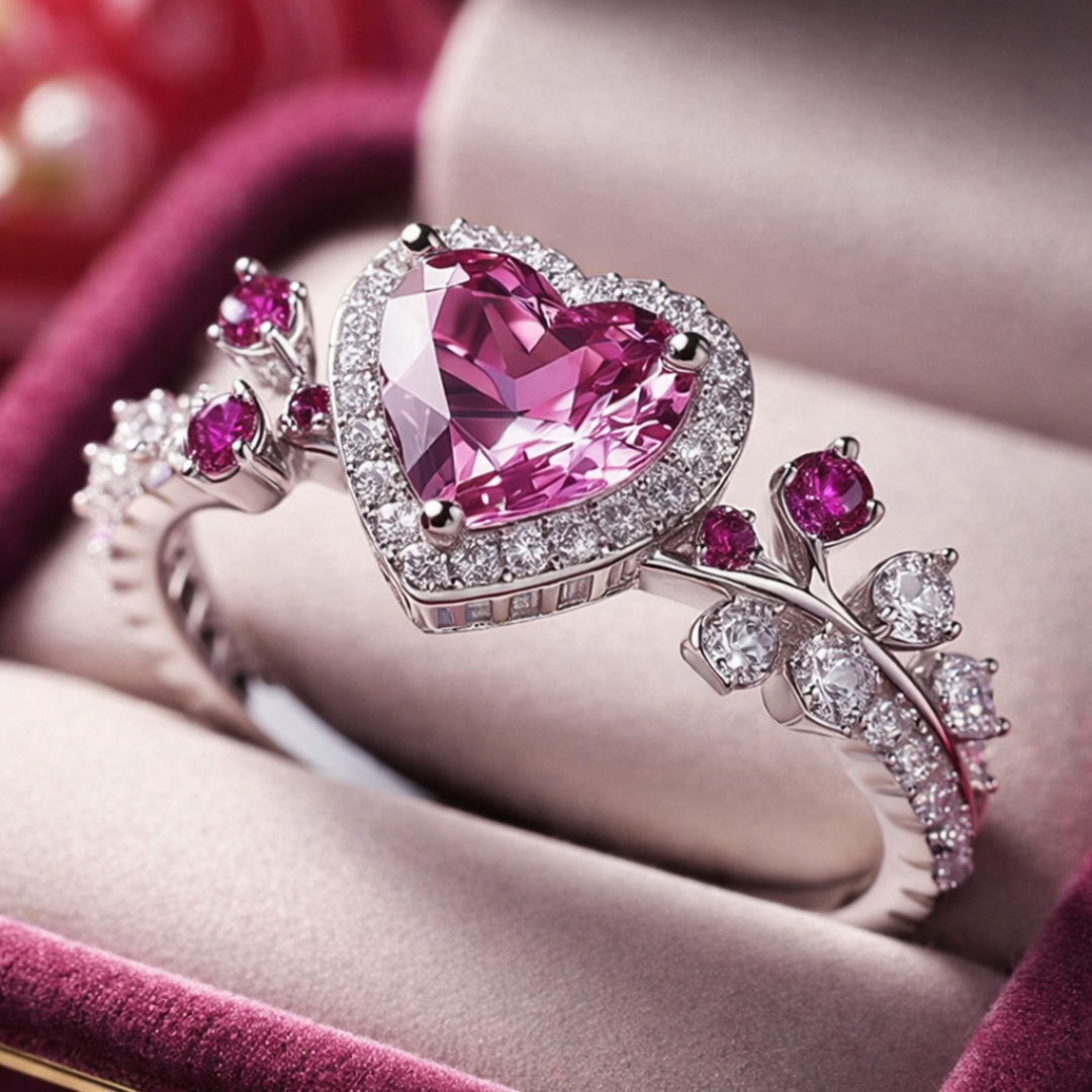Elegante verzilverde ring met roze zirkonia kristallen hart