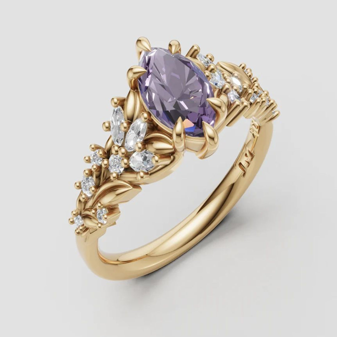 Elegante handgemaakte ovale ring met violette tuin