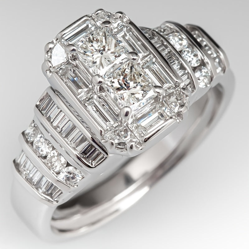 Elegante verzilverde ring met vierkante zirkonia in bruidsstijl