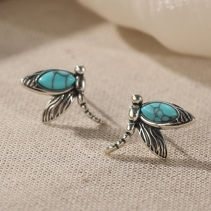 Vintage Turquoise Dragonfly Silver Plated Stud Earrings