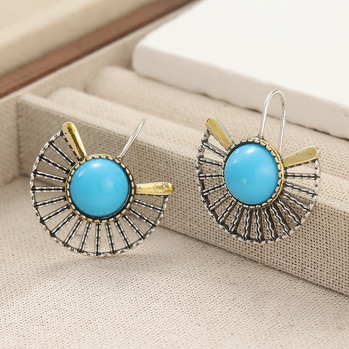 Bohemian Turquoise Gold Plated Fan Shape Hollow Hook Earrings