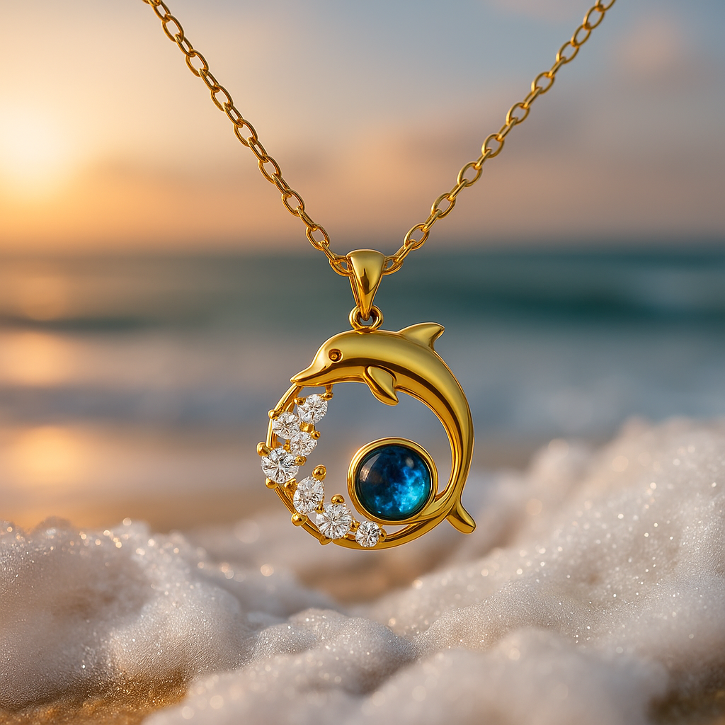 Goudkleurige dolfijnketting met blauw kristal & sprankelende accenten