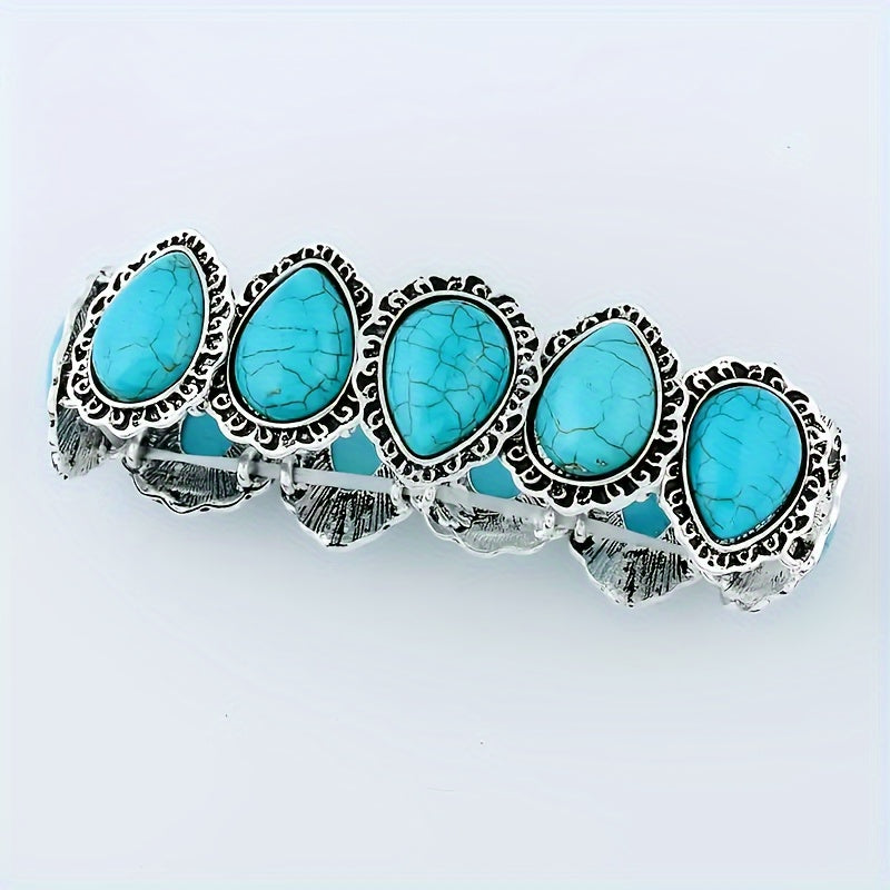 Vintage verzilverde statement armband met ovale turkoois