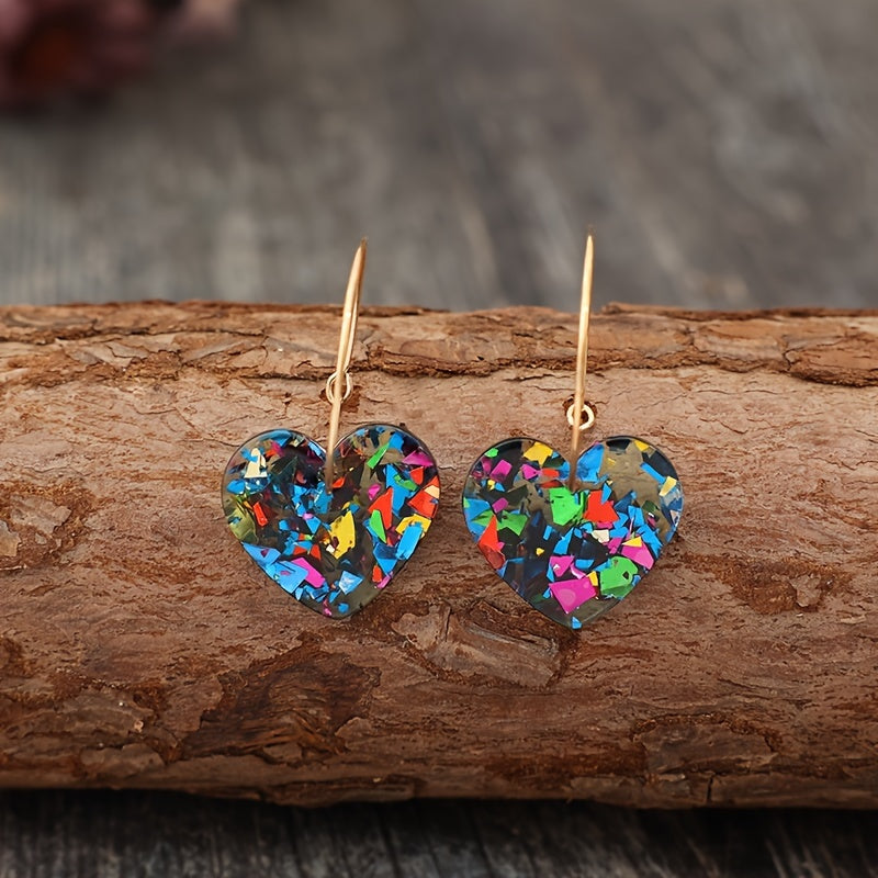 Vintage Style Resin Glitter Heart Pendant Earrings