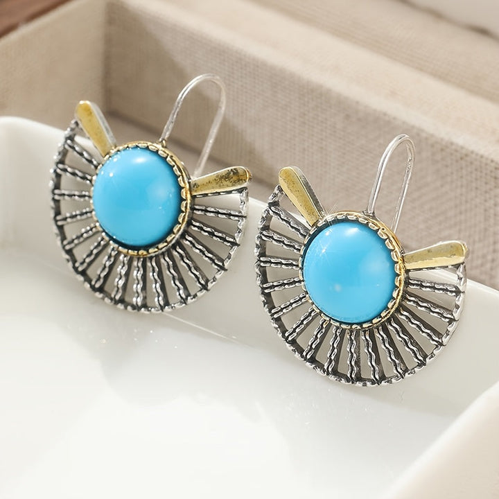 Bohemian Turquoise Gold Plated Fan Shape Hollow Hook Earrings
