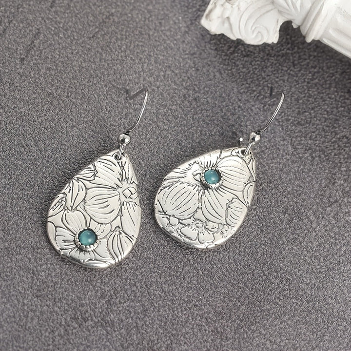 Retro Carved Flowers Drop Shape Turquoise Gemstone Hook Earrings