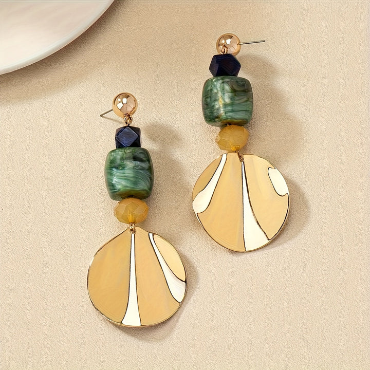 Gold Shell Disc & Green Stone Statement Drop Earrings