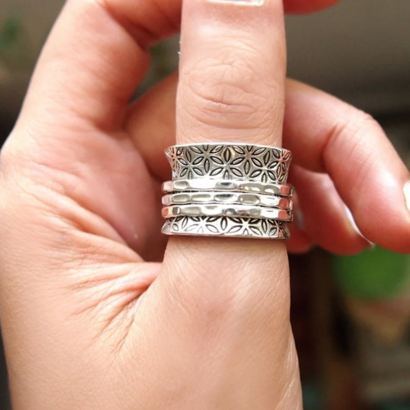 Vintage Boho Floral Wide Silver Plated Ring