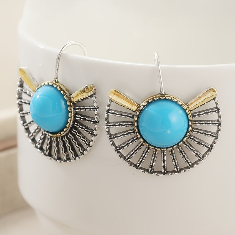 Bohemian Turquoise Gold Plated Fan Shape Hollow Hook Earrings