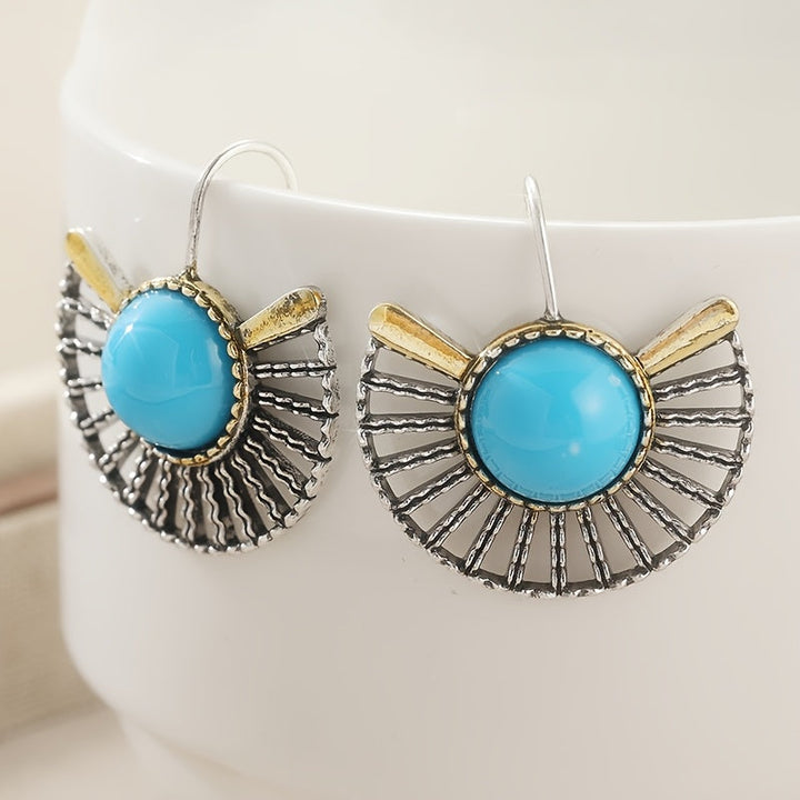 Bohemian Turquoise Gold Plated Fan Shape Hollow Hook Earrings