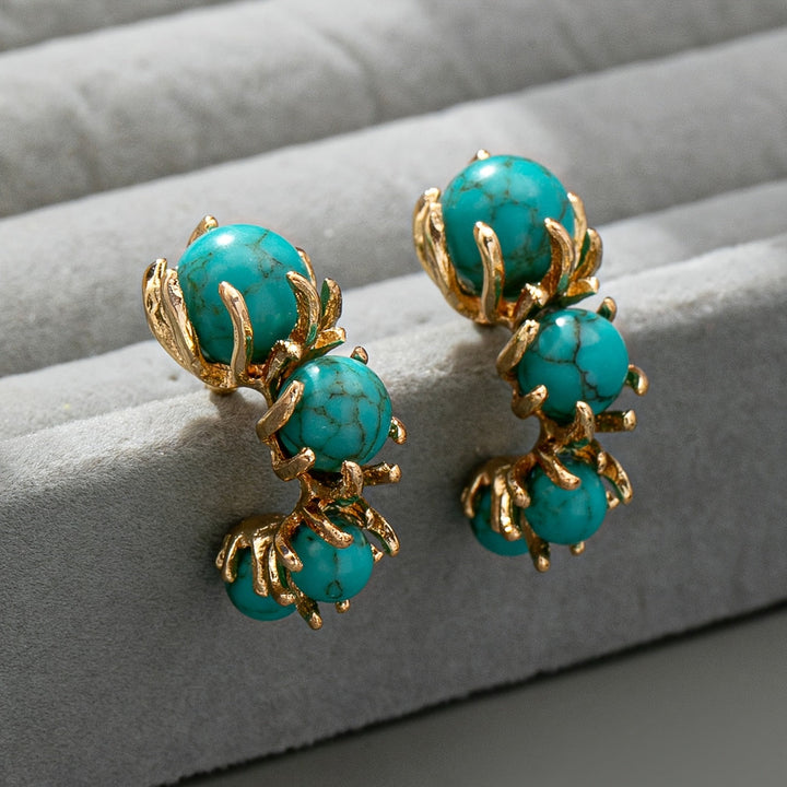 Classic Gold Turquoise Plated Triple Stone Dangle Earrings