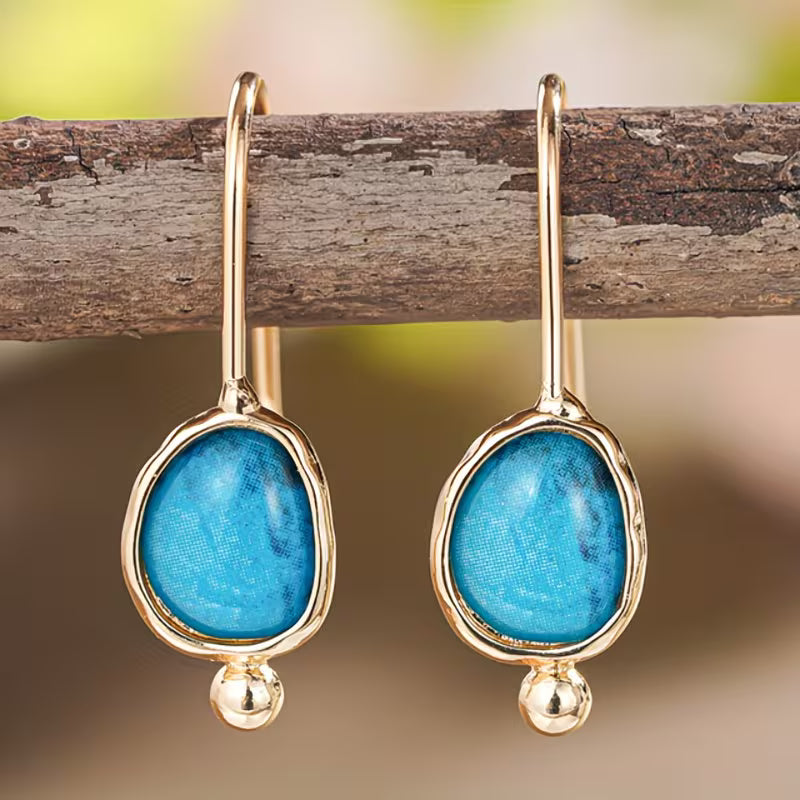 Retro Blue Geometric Gold Frame Drop Earrings