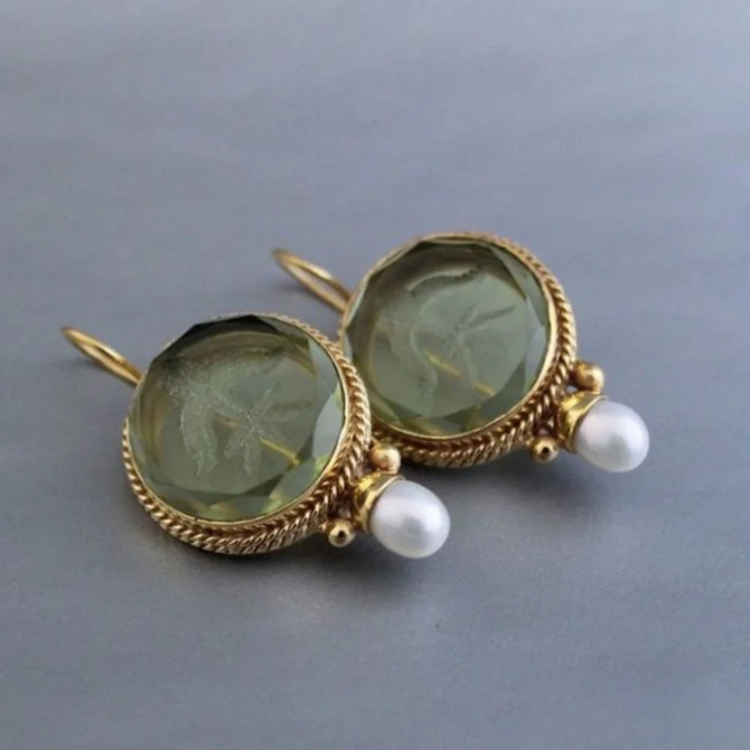 Retro groene steen parel oorbellen