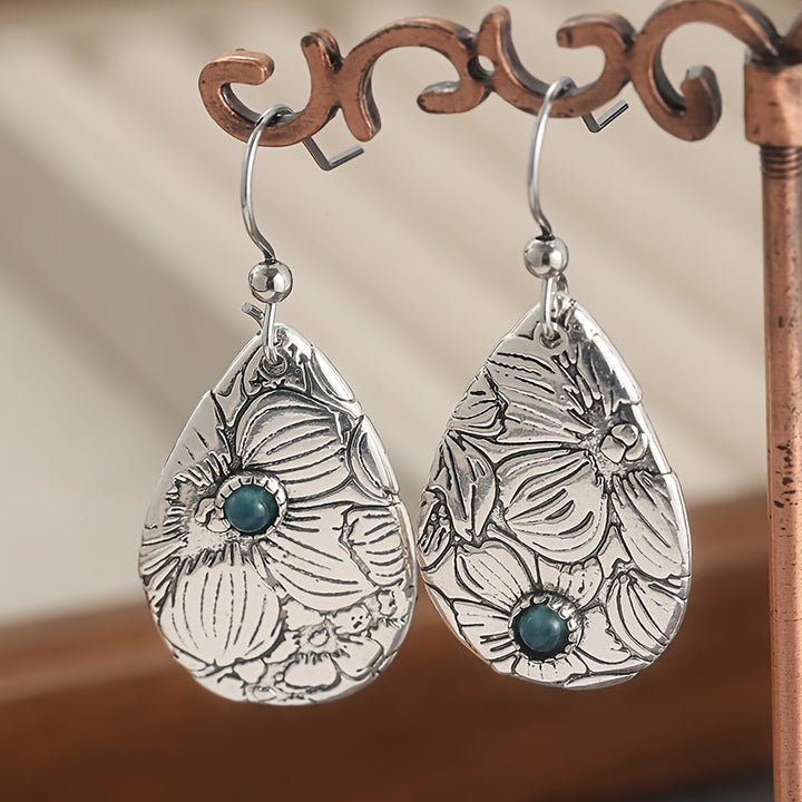 Retro Carved Flowers Drop Shape Turquoise Gemstone Hook Earrings