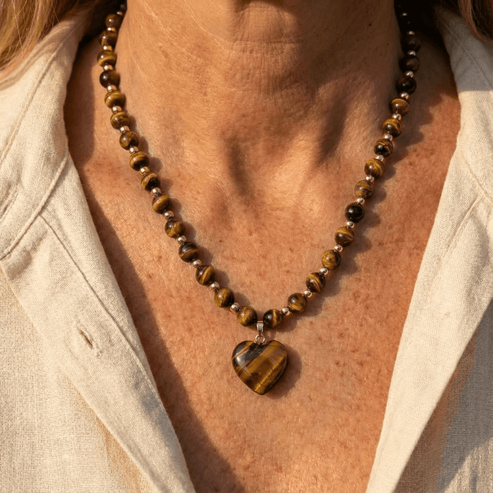 Elegant Tiger Eye Beaded Heart Pendant Necklace