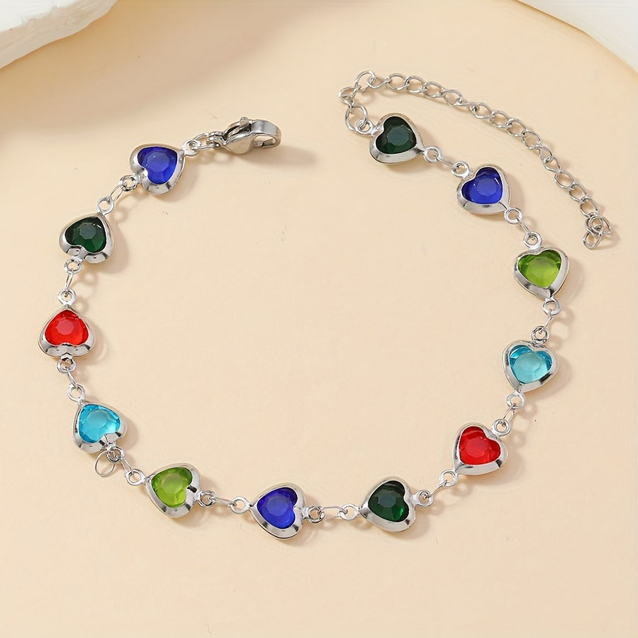 Elegante roestvrij stalen schakelarmband met meerkleurige harten