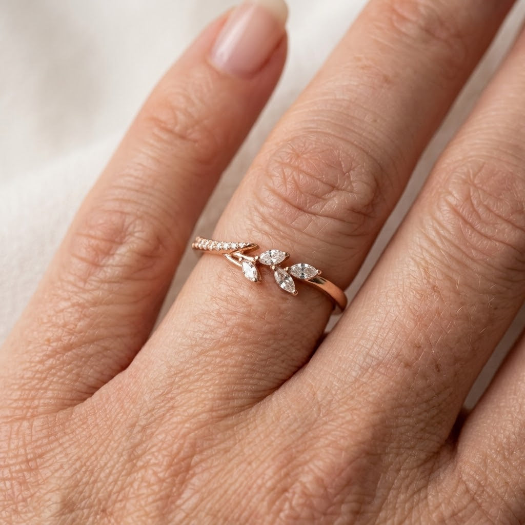 Delicate Leaf Cubic Zirconia Gold Wedding Ring