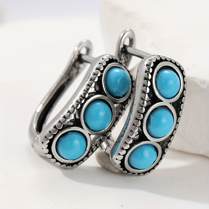 Vintage Silver Plated Turquoise Thick Hoop Earrings