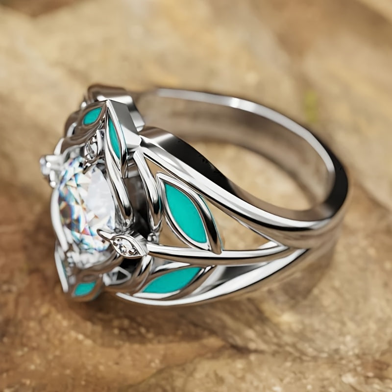 Elegante bohemien ring met turkooizen blad en zirkonia kristal