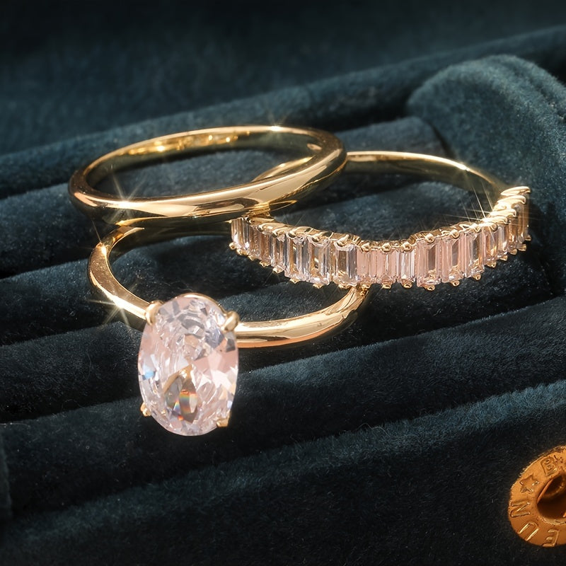 Elegant Oval Cut Zirconia Engagement Stacked Ring Set