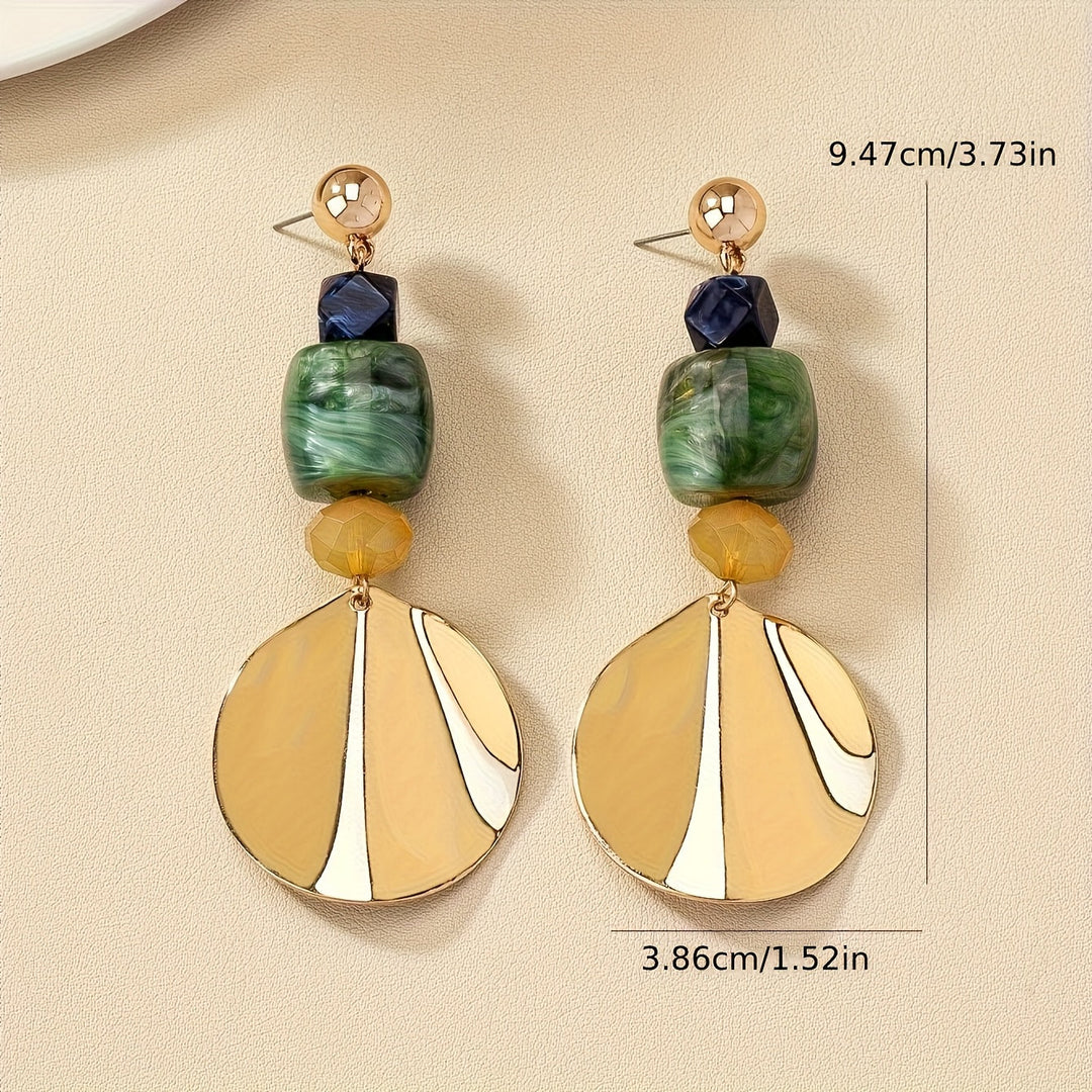 Gold Shell Disc & Green Stone Statement Drop Earrings