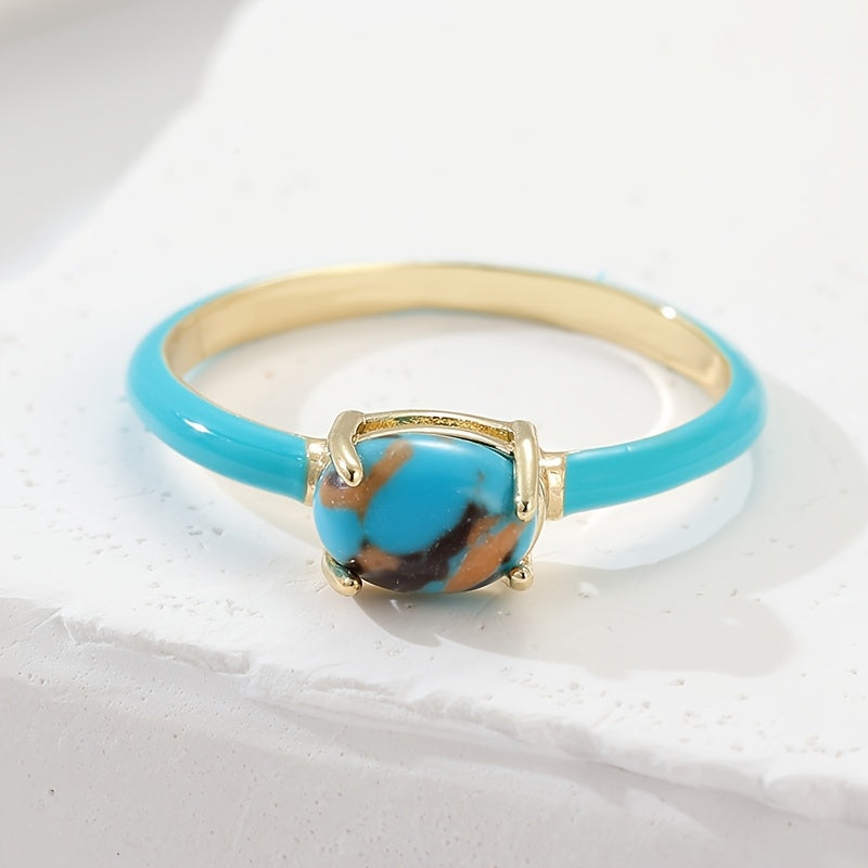 Vintage vergulde ring met geëmailleerd geometrisch ovaal turkoois