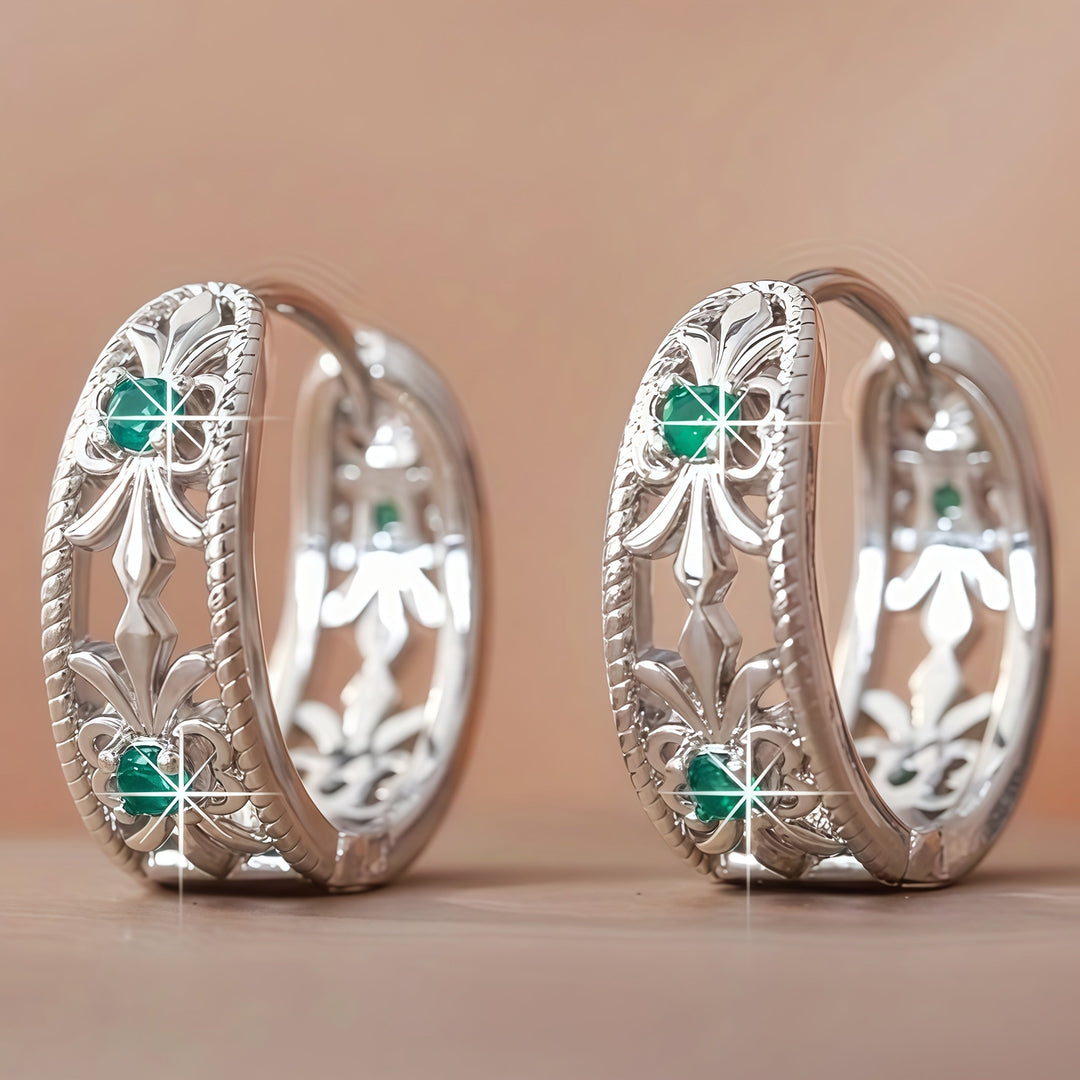 Vintage Retro Hollowed Carved Design Green Zirconia Earring