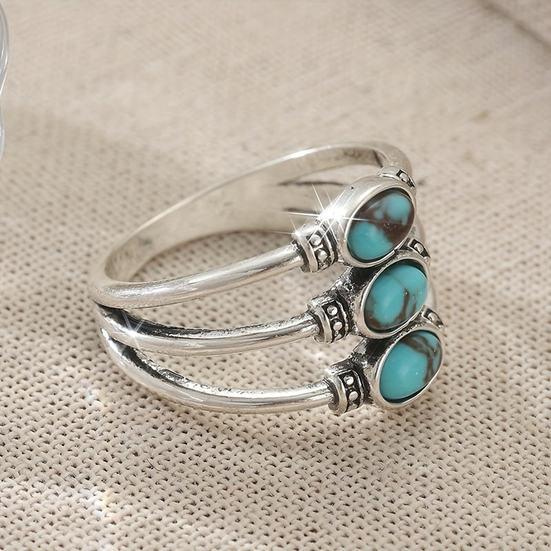 Vintage Boho Style Triple Turquoise Silver Ring