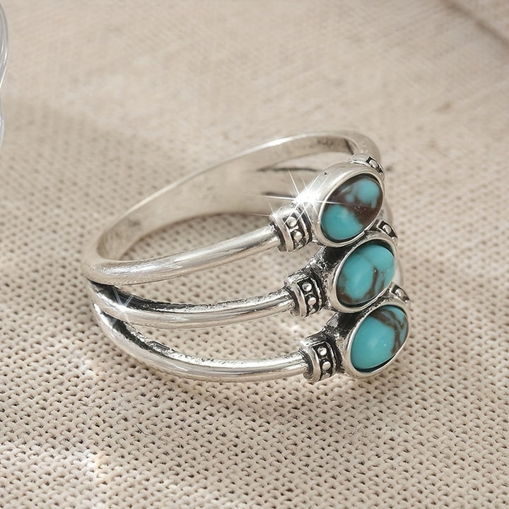 Vintage Boho Style Triple Turquoise Silver Ring