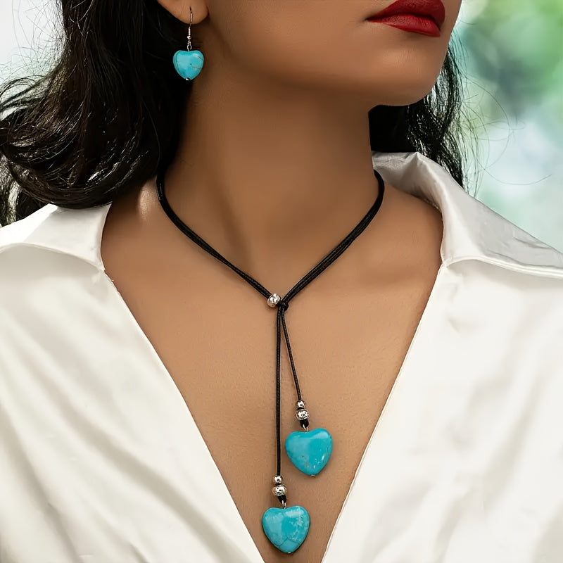 Vintage bohemien set met turkooizen hartketting en oorbellen