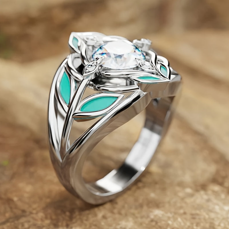 Elegant Bohemian Turquoise Leaf Zirconia Crystal Ring